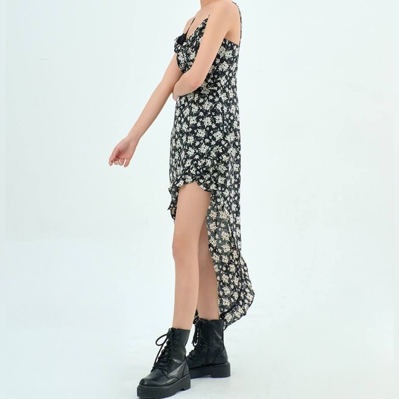 Black Floral Asymmetrical Midi Dress - Picture 3 of 9